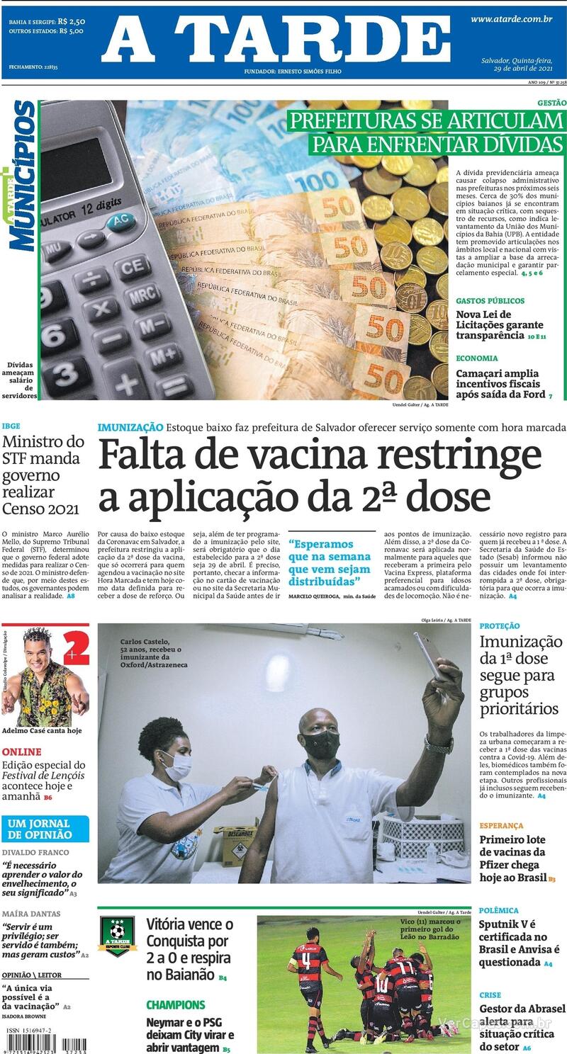Capa do jornal A Tarde 29/04/2021
