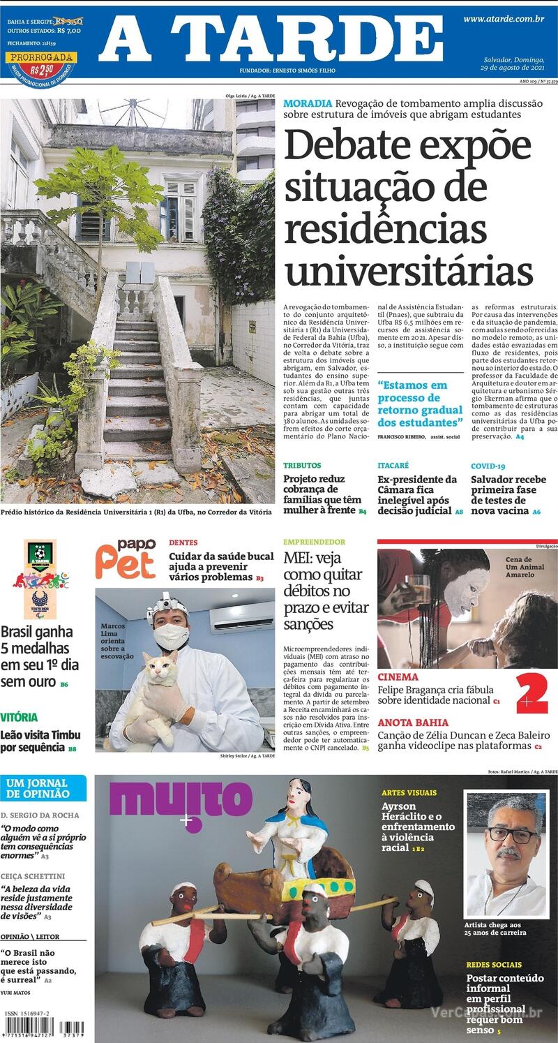 Capa do jornal A Tarde 29/08/2021