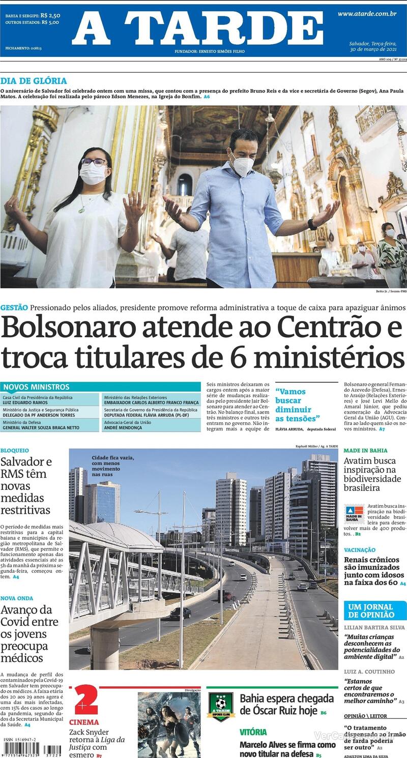 Capa do jornal A Tarde 30/03/2021