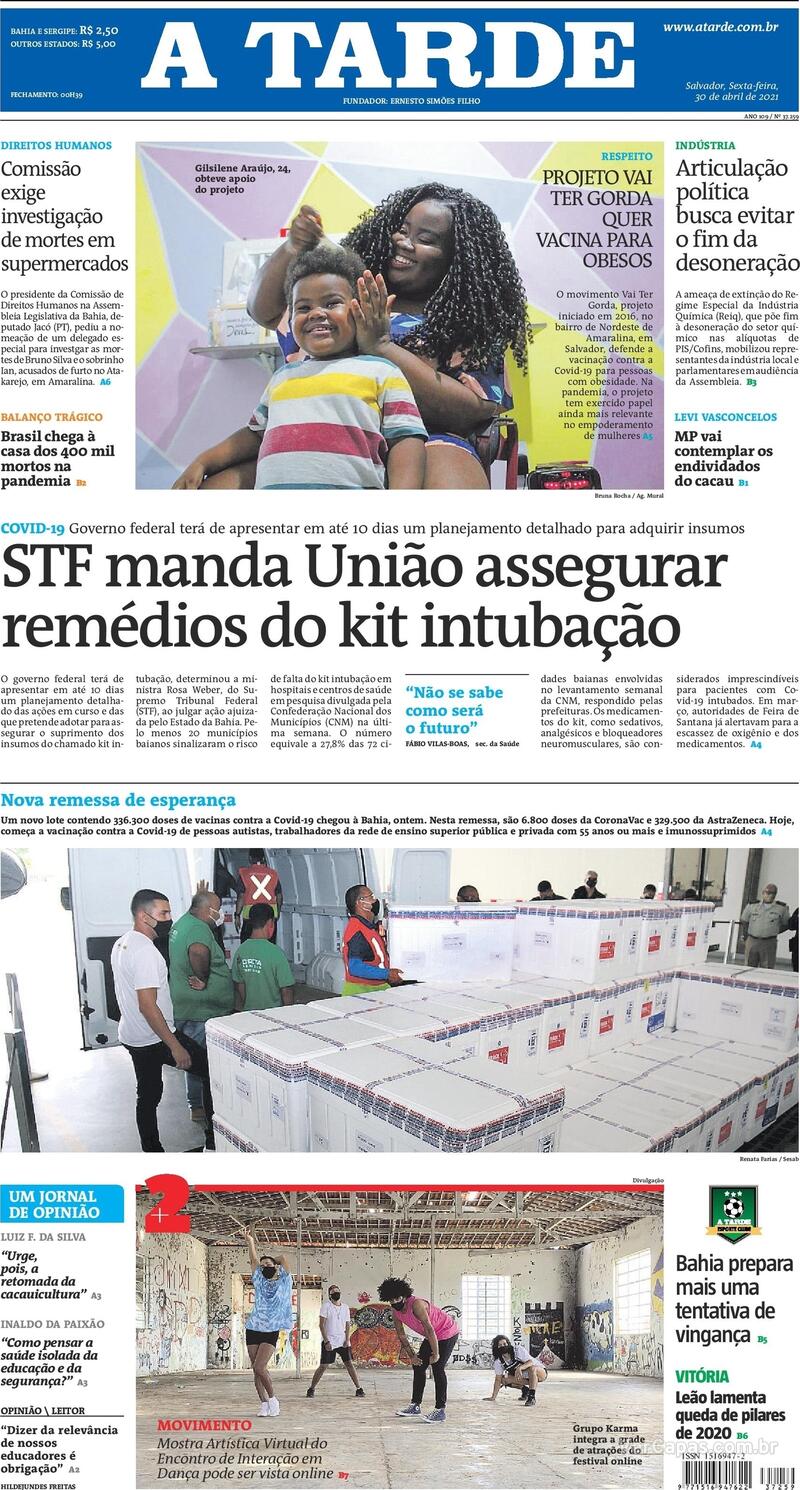 Capa do jornal A Tarde 30/04/2021
