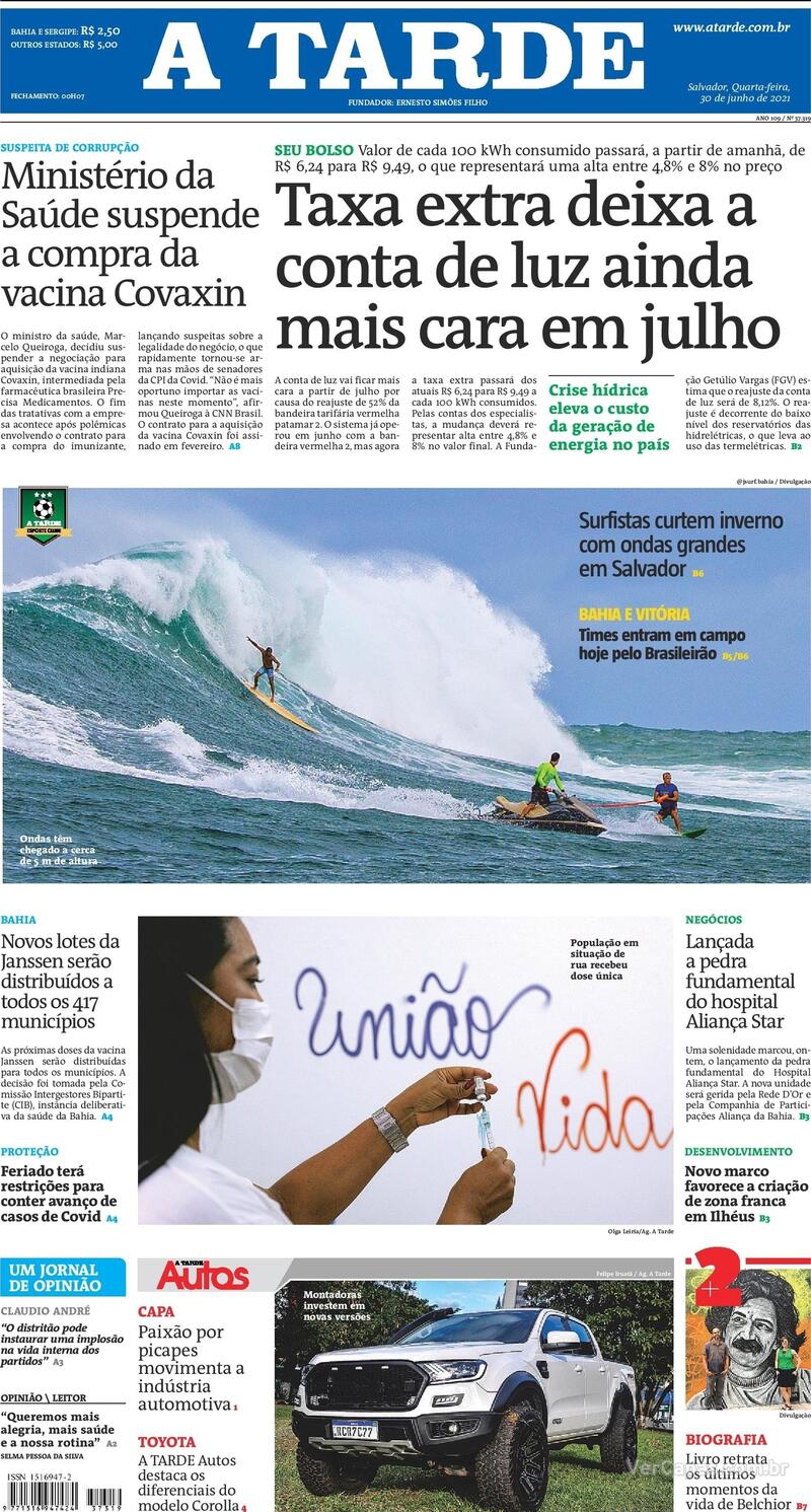 Capa do jornal A Tarde 30/06/2021