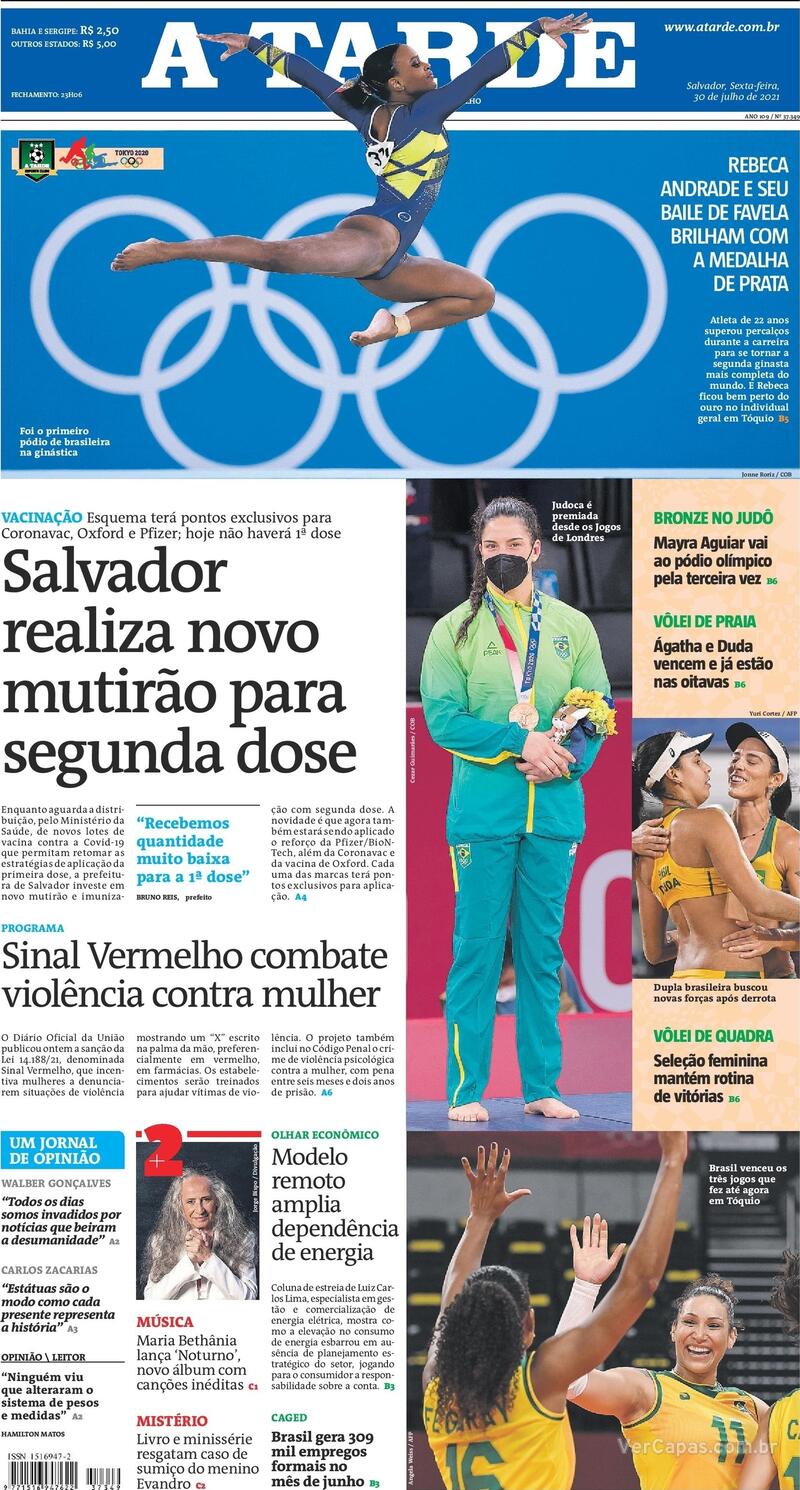 Capa do jornal A Tarde 30/07/2021