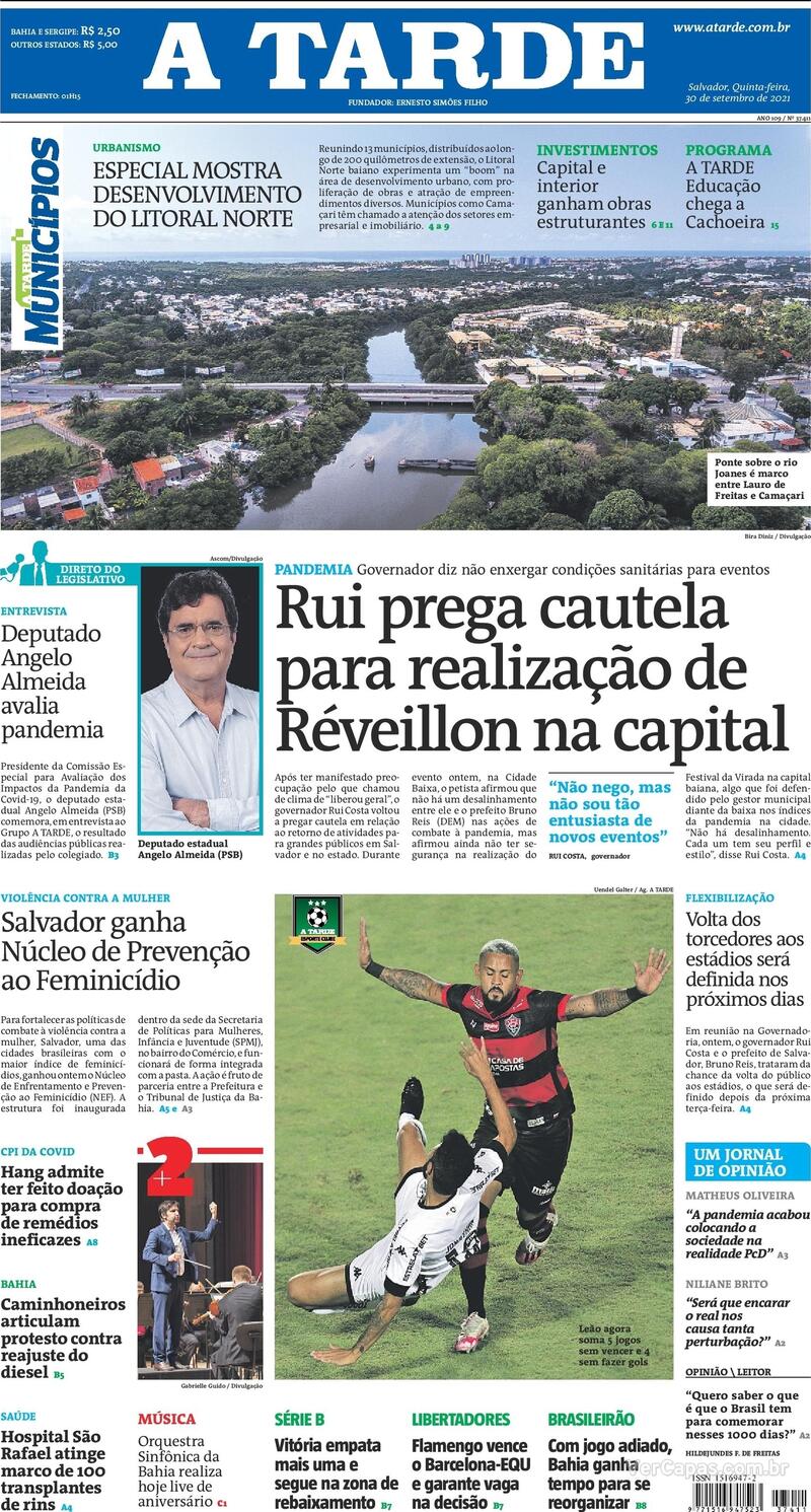 Capa do jornal A Tarde 30/09/2021