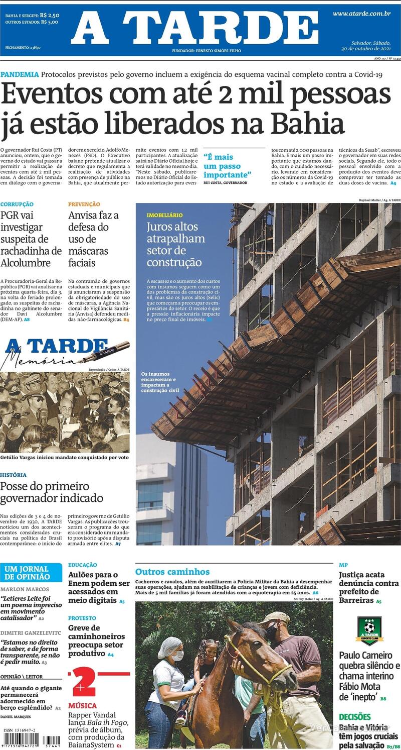Capa do jornal A Tarde 30/10/2021