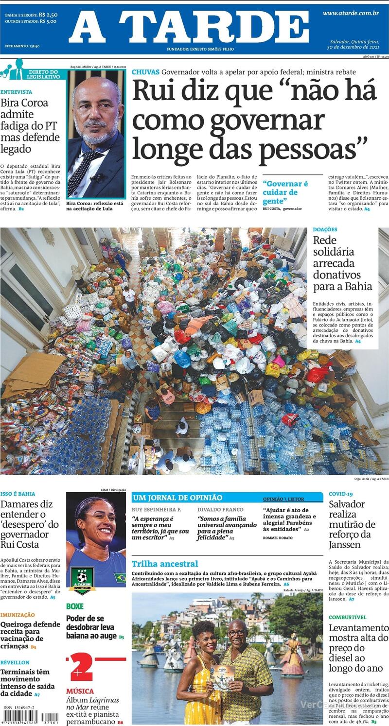 Capa do jornal A Tarde 30/12/2021