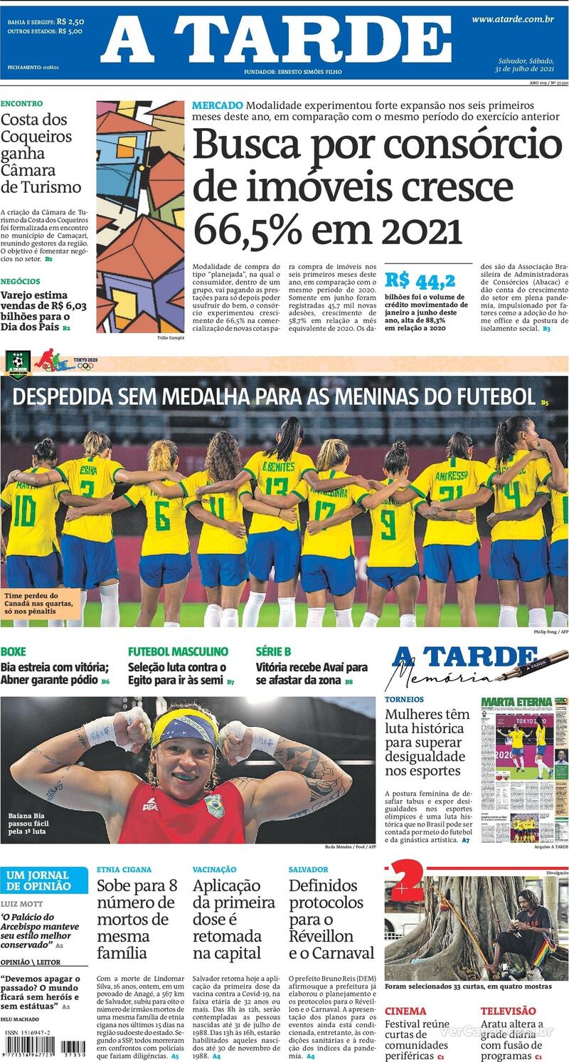 Capa do jornal A Tarde 31/07/2021