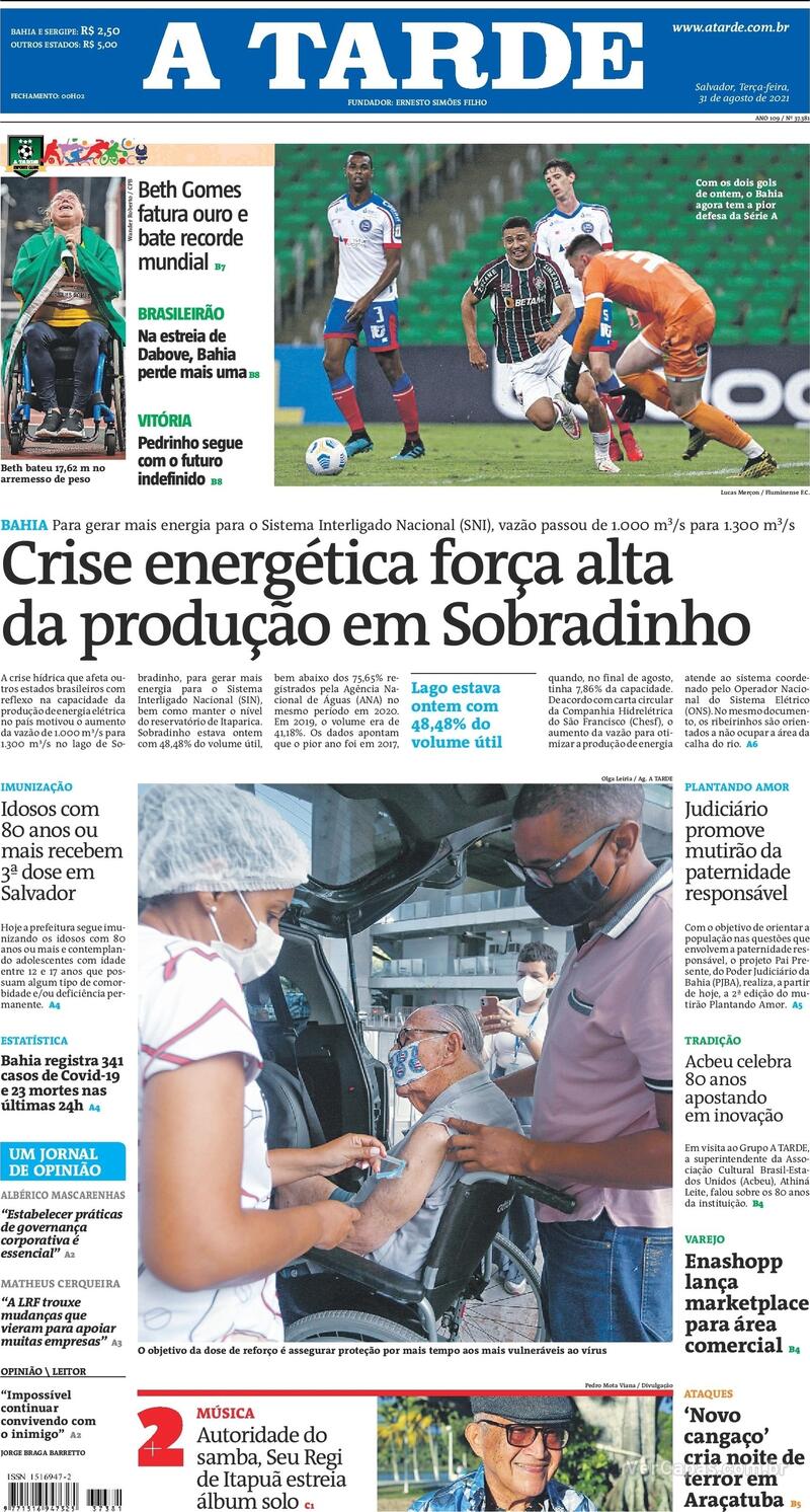 Capa do jornal A Tarde 31/08/2021