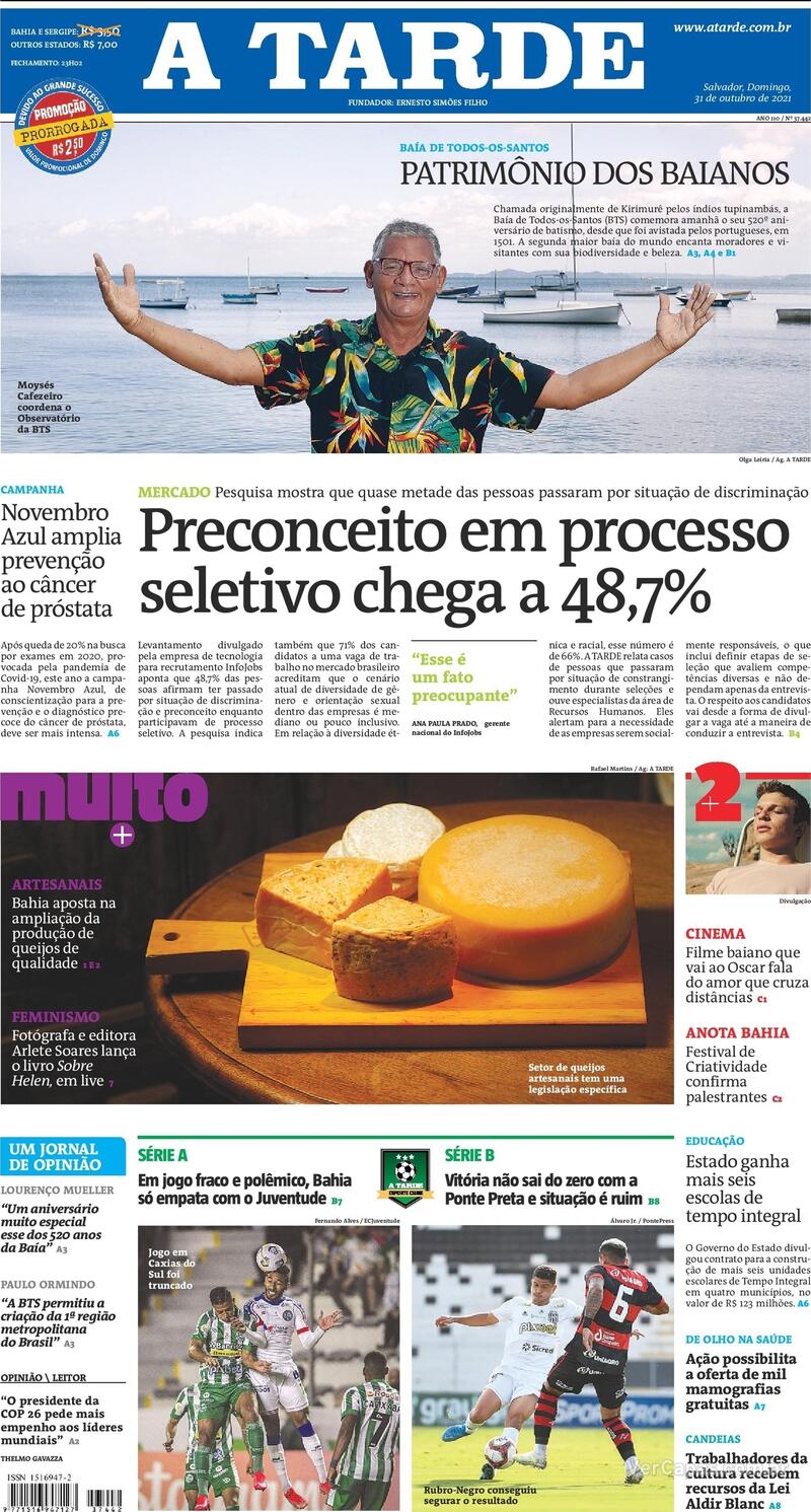 Capa do jornal A Tarde 31/10/2021