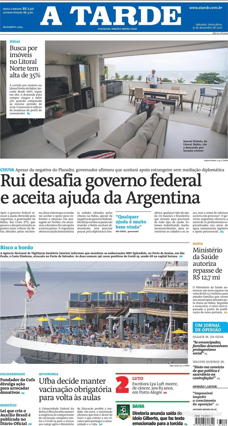 Capa do jornal A Tarde 31/12/2021