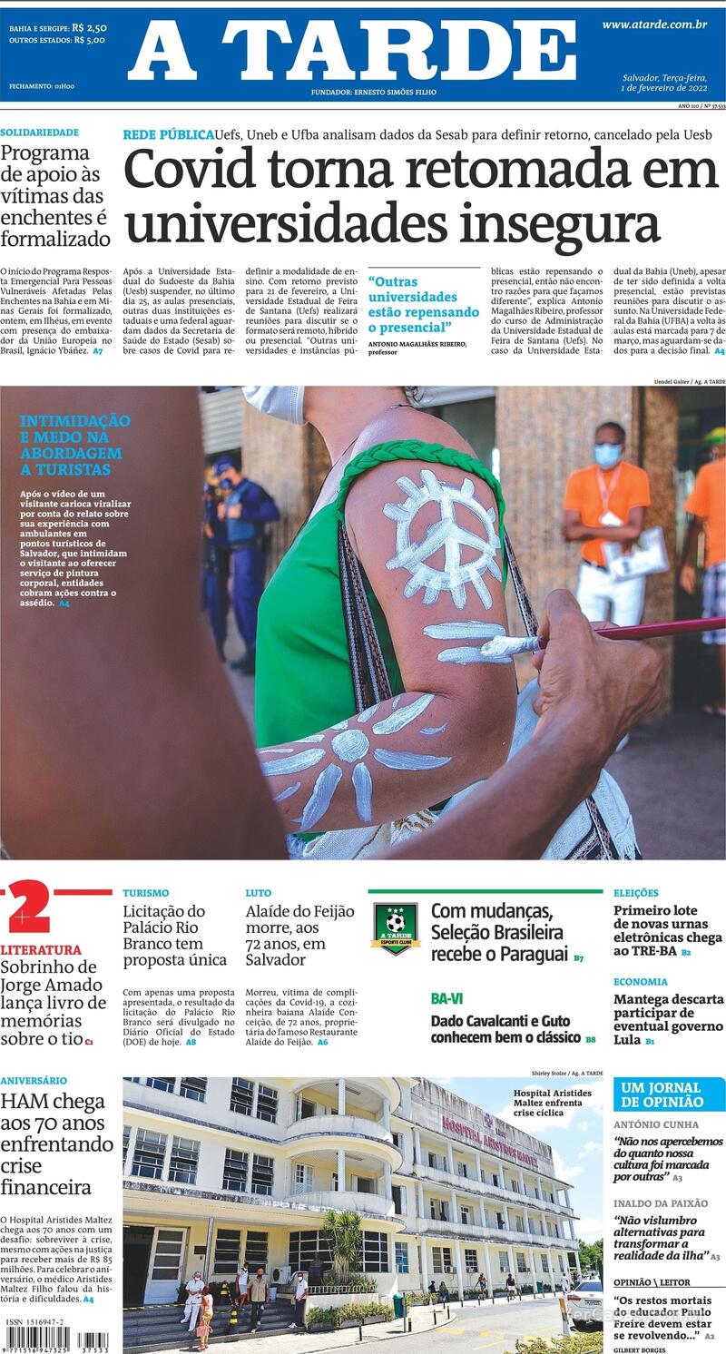Capa do jornal A Tarde 01/02/2022