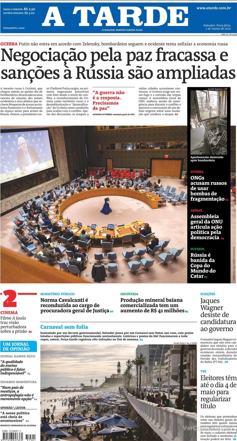 Capa do jornal A Tarde 01/03/2022