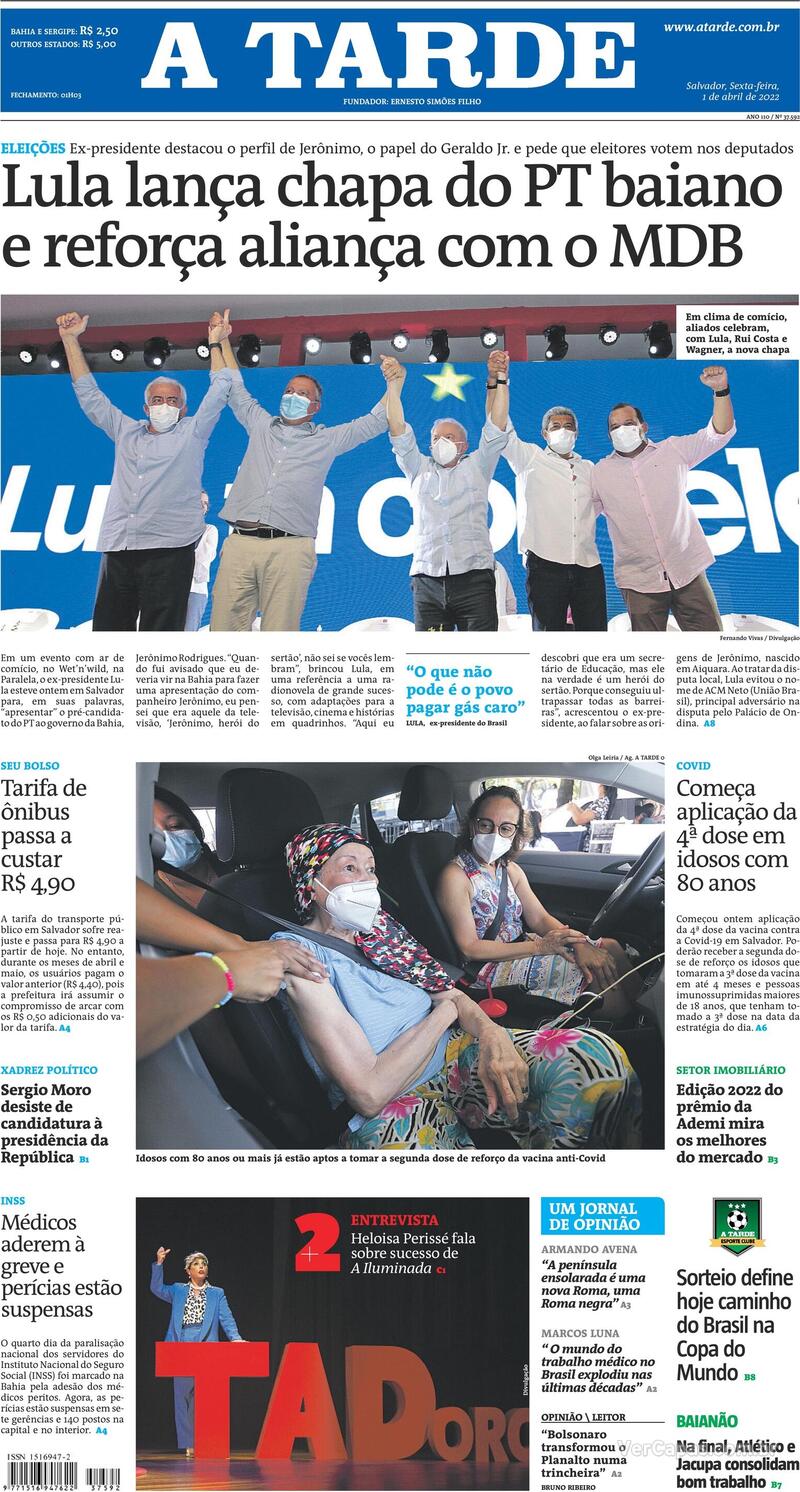 Capa do jornal A Tarde 01/04/2022