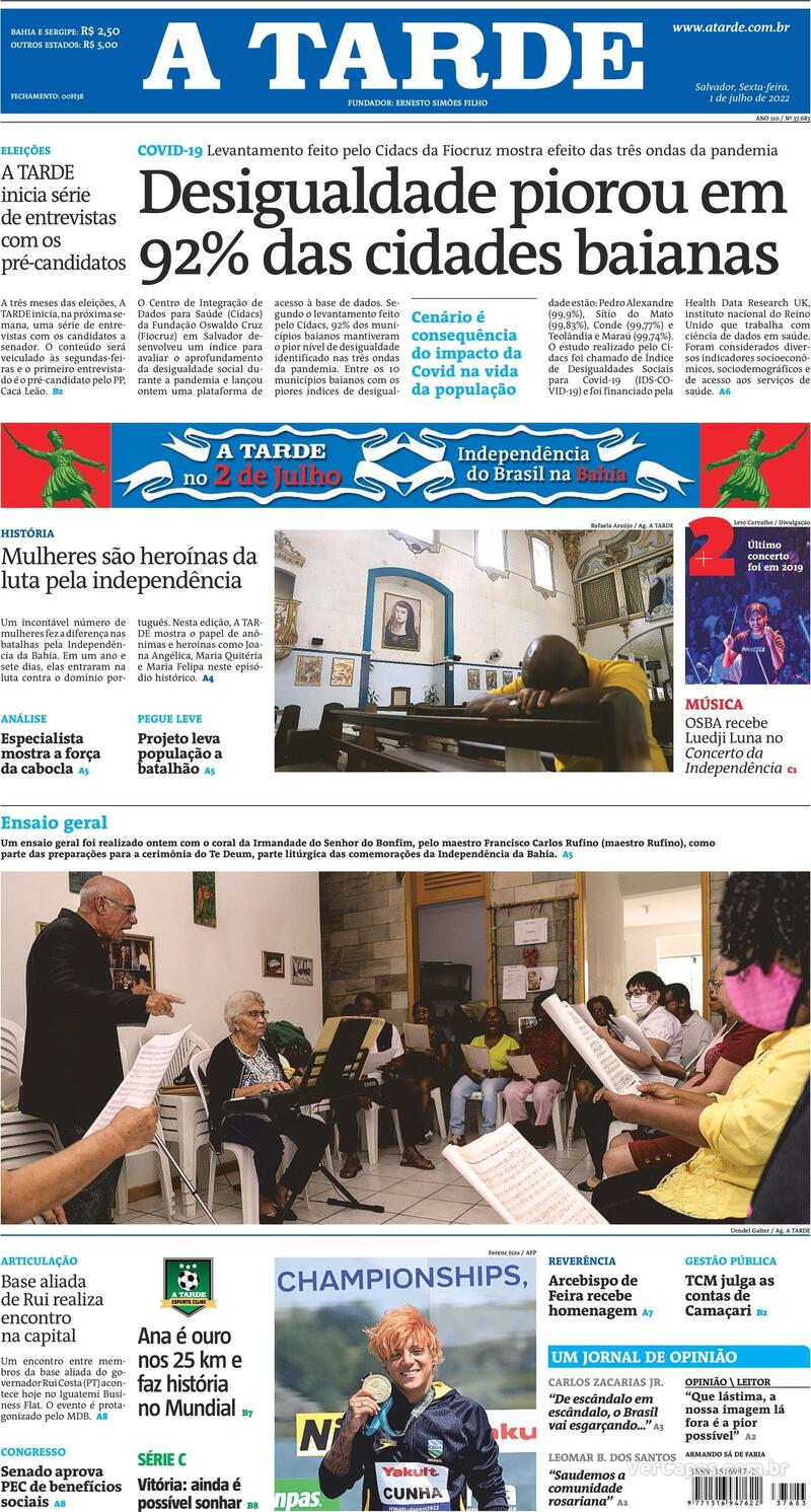Capa do jornal A Tarde 04/01/2021