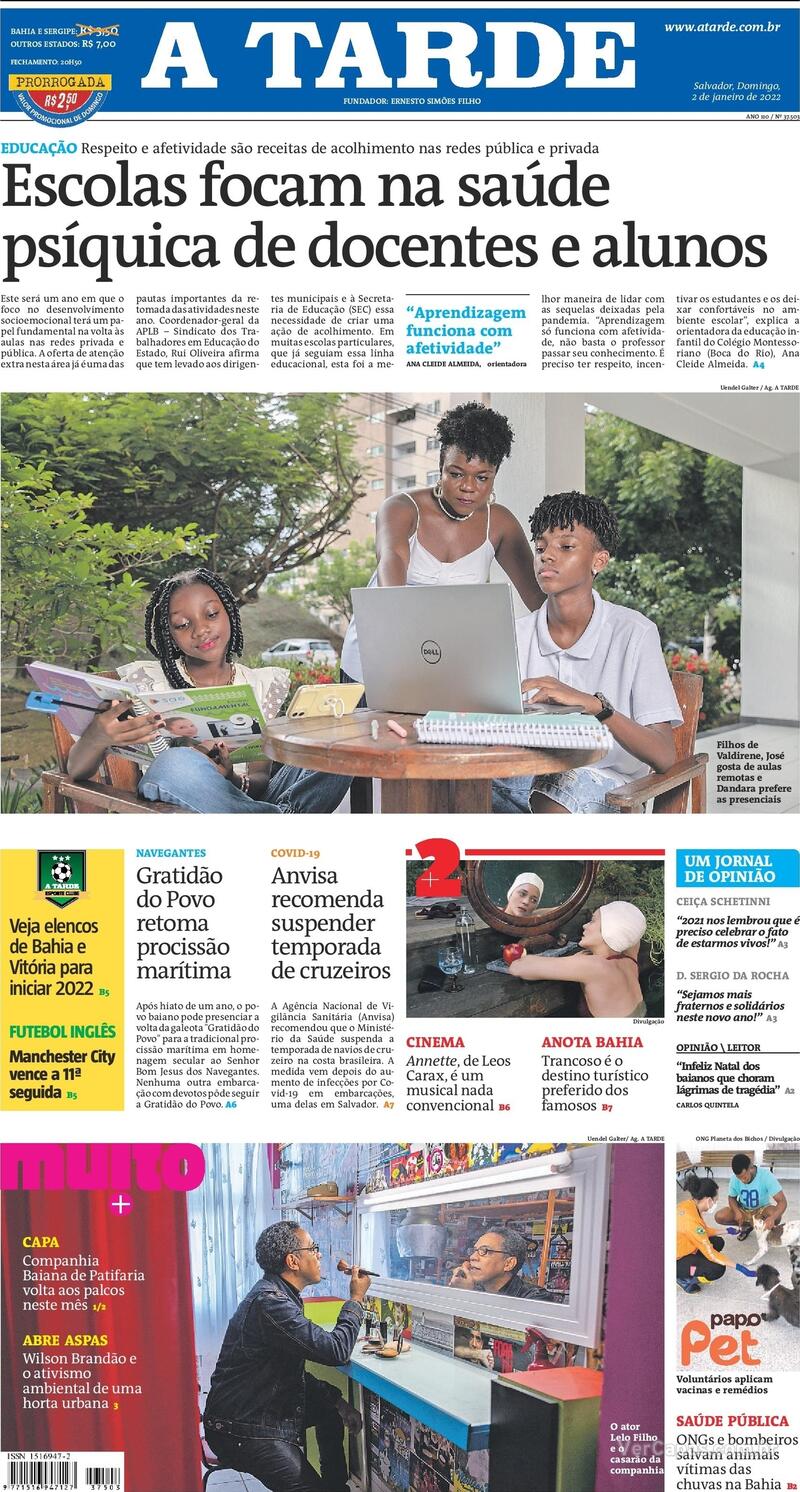 Capa do jornal A Tarde 02/01/2022