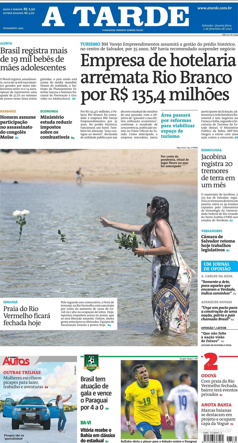 Capa do jornal A Tarde 02/02/2022
