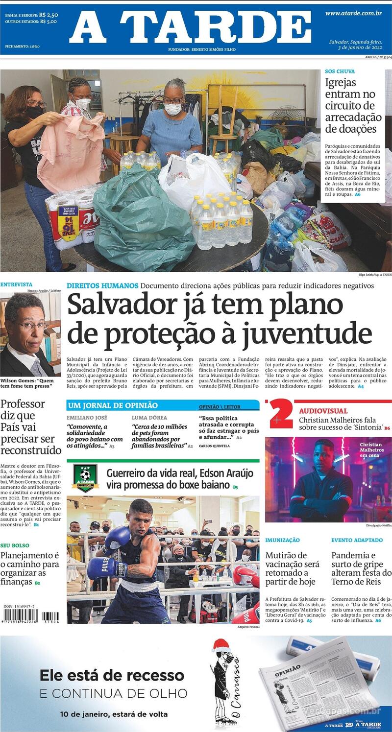 Capa do jornal A Tarde 03/01/2022