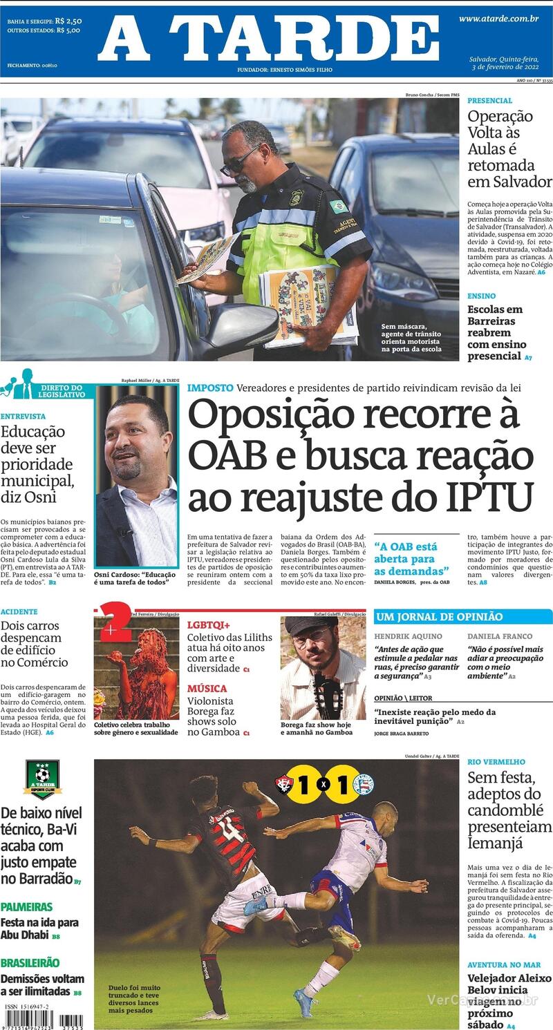 Capa do jornal A Tarde 03/02/2022