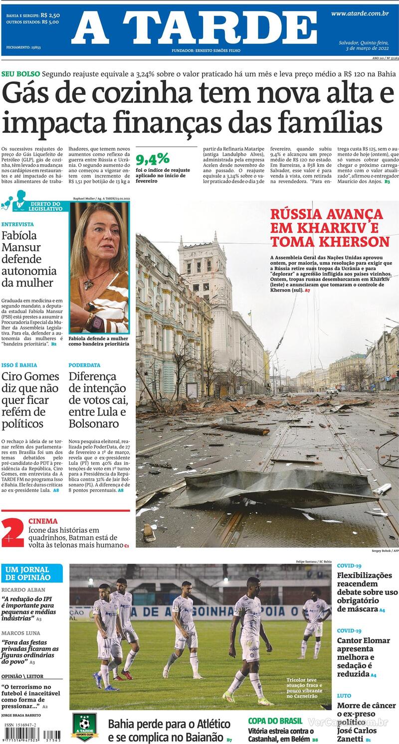 Capa do jornal A Tarde 03/03/2022