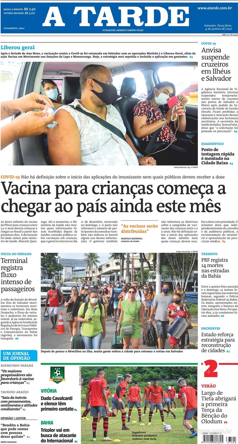 Capa do jornal A Tarde 04/01/2022