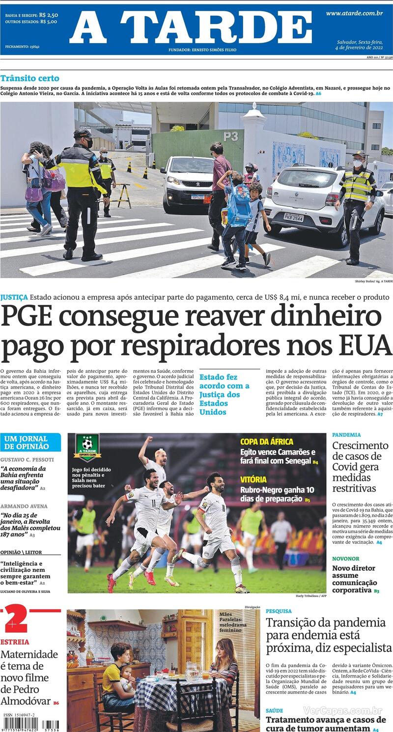 Capa do jornal A Tarde 04/02/2022