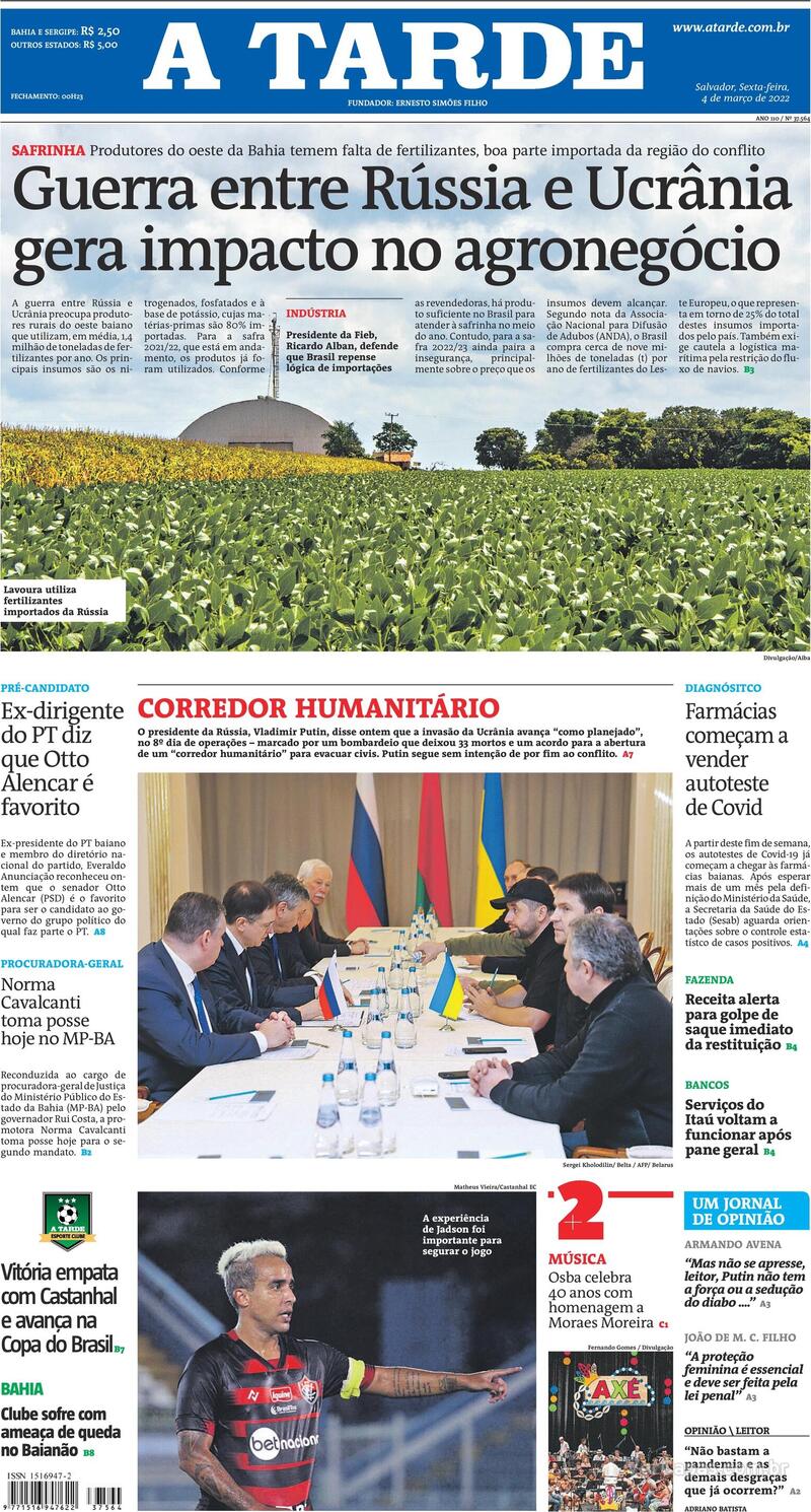Capa do jornal A Tarde 04/03/2022
