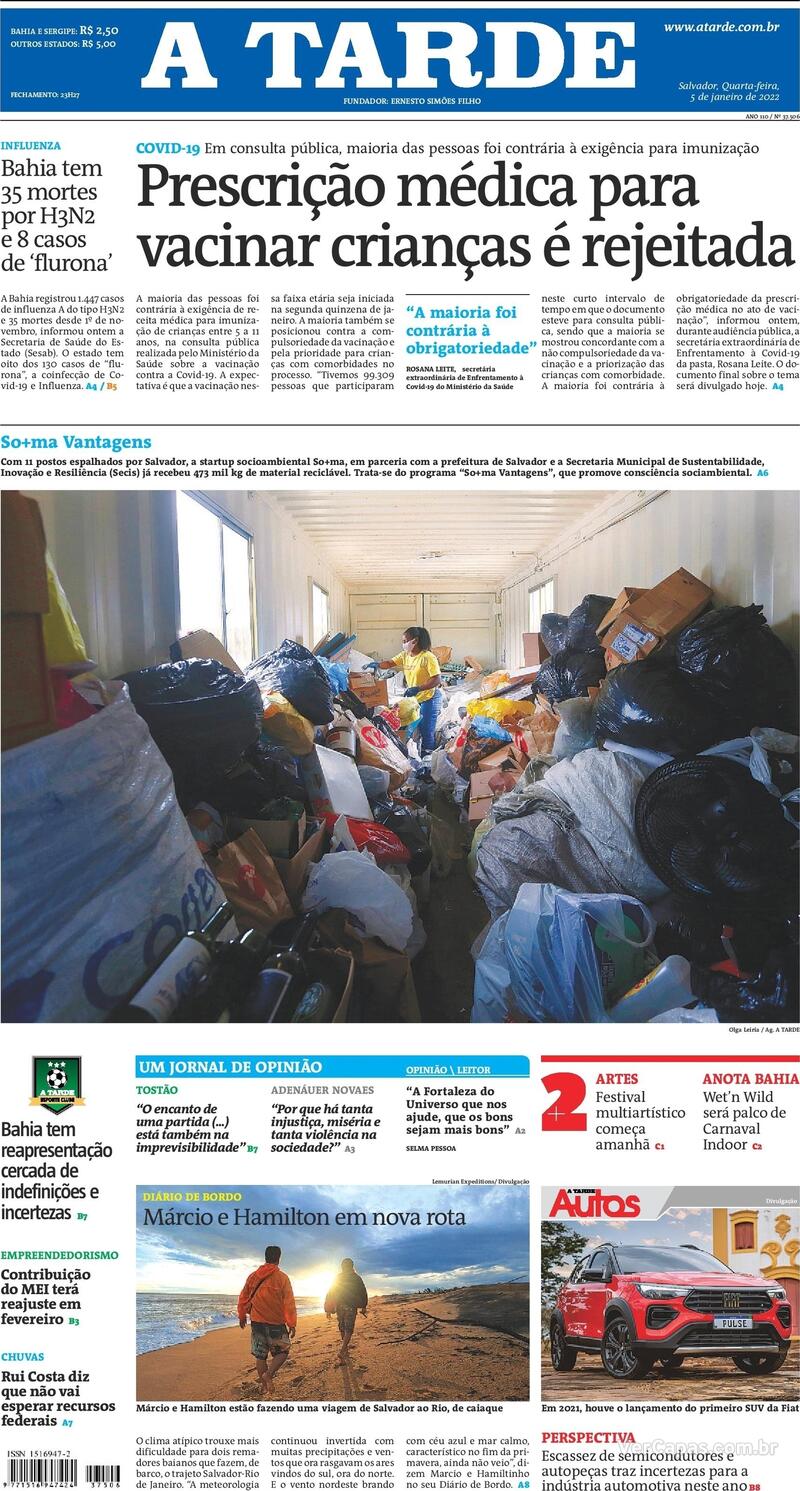 Capa do jornal A Tarde 05/01/2022