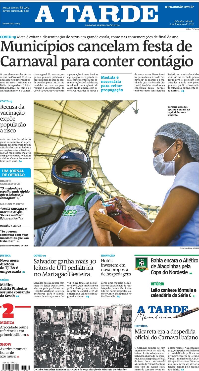 Capa do jornal A Tarde 05/02/2022