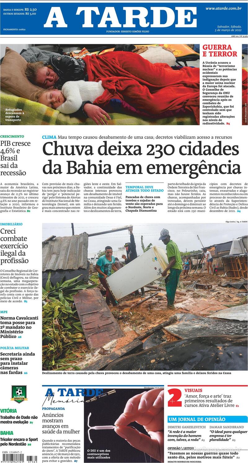 Capa do jornal A Tarde 05/03/2022