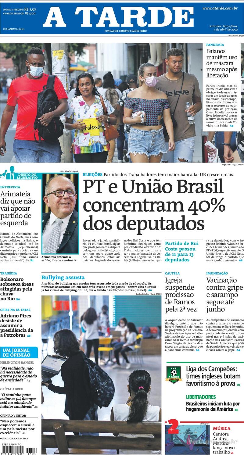 Capa do jornal A Tarde 05/04/2022