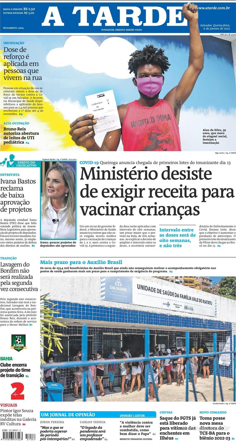 Capa do jornal A Tarde 06/01/2022
