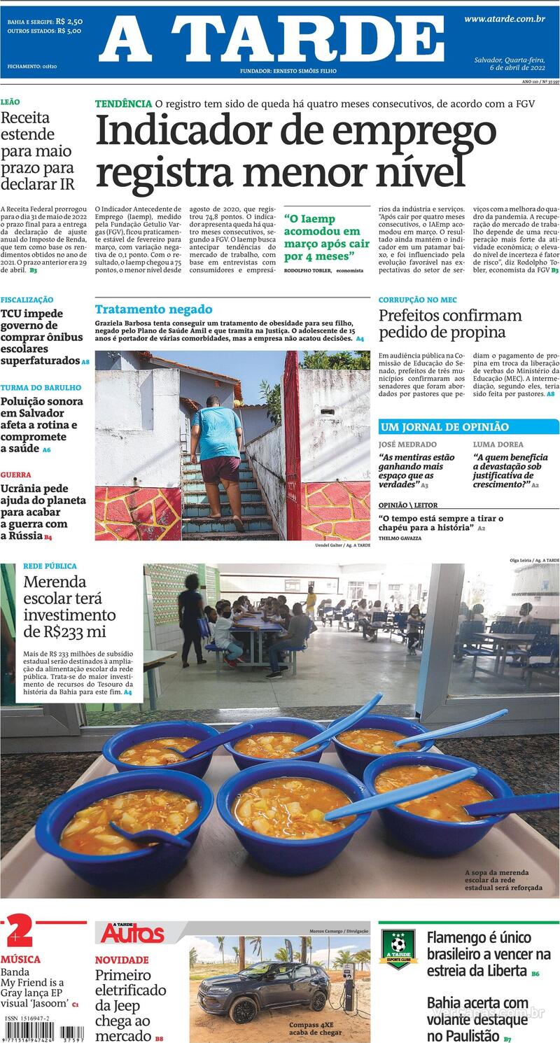 Capa do jornal A Tarde 06/04/2022