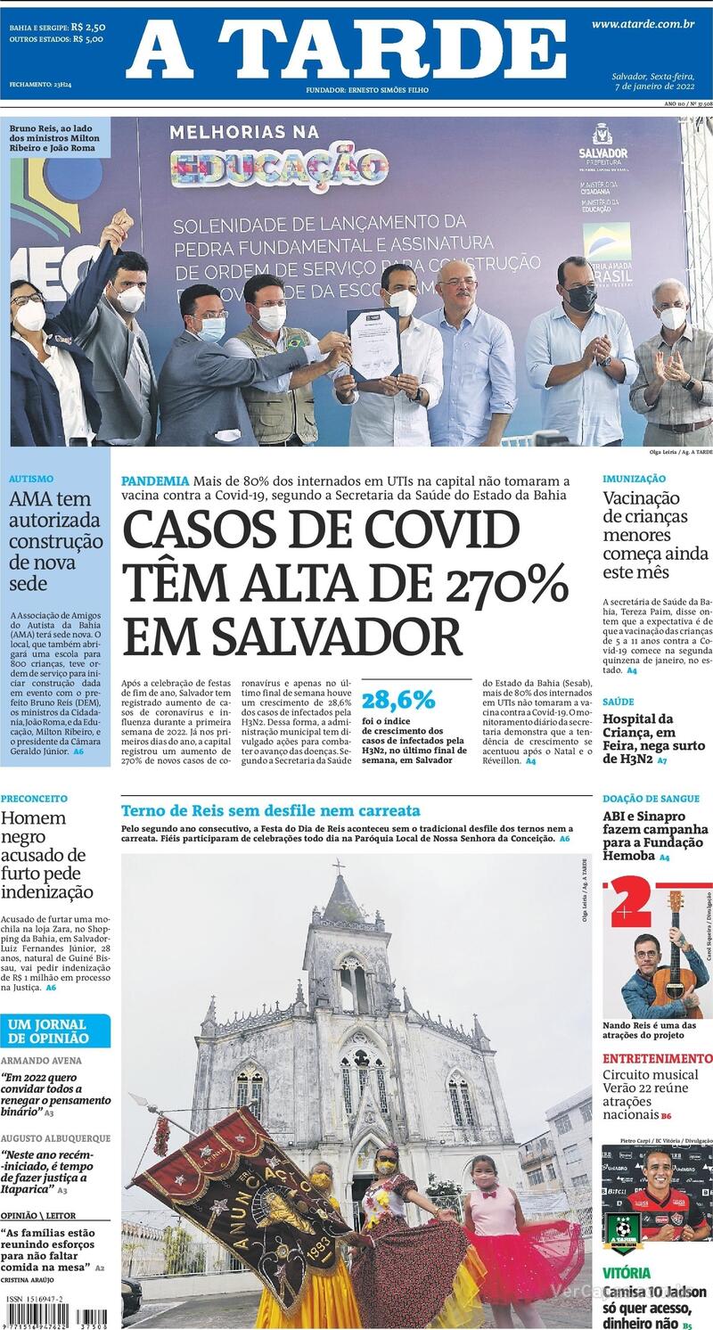 Capa do jornal A Tarde 07/01/2022