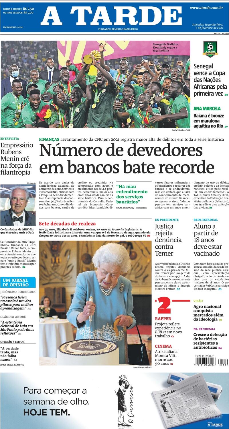 Capa do jornal A Tarde 07/02/2022