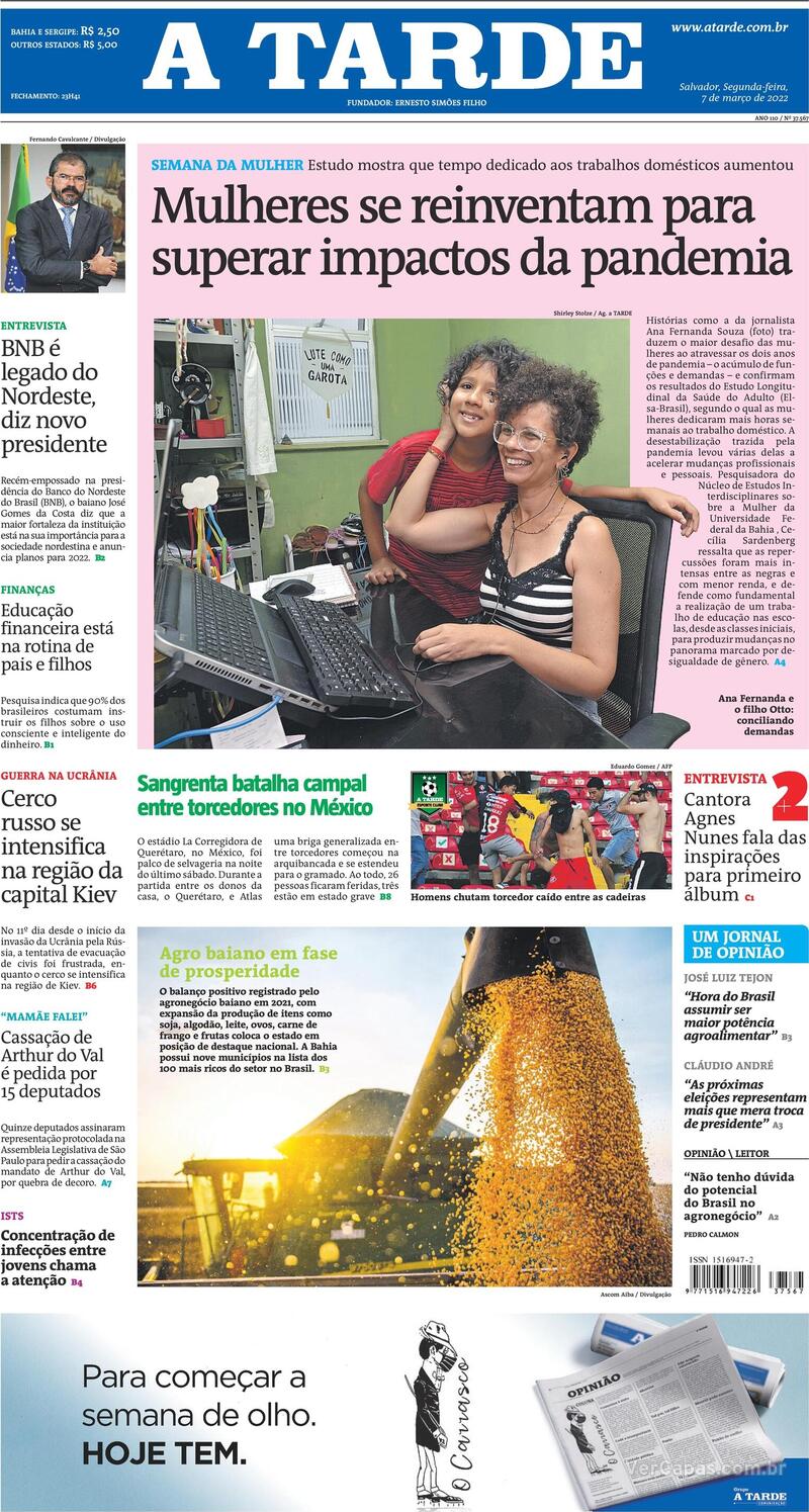 Capa do jornal A Tarde 07/03/2022