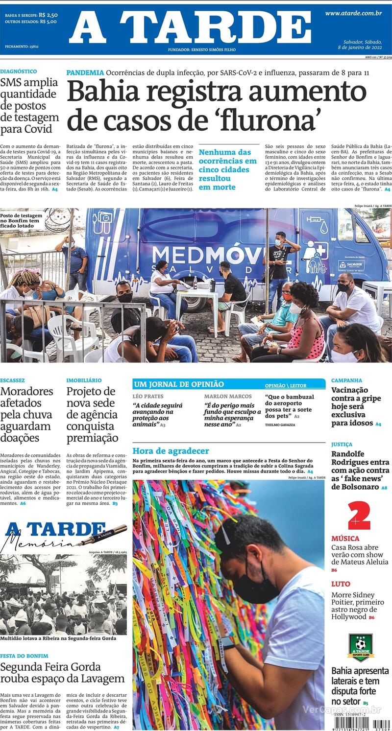 Capa do jornal A Tarde 08/01/2022