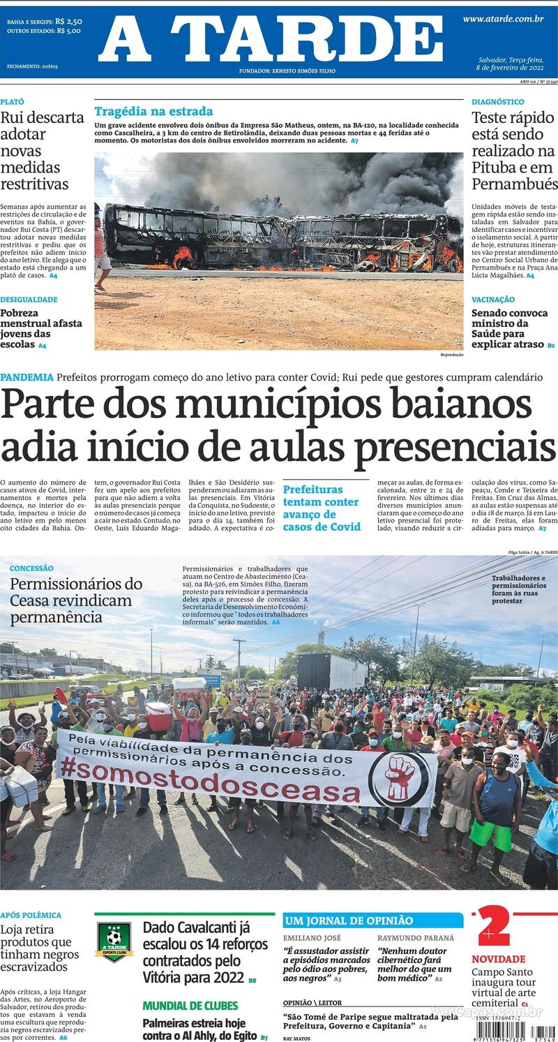 Capa do jornal A Tarde 08/02/2022