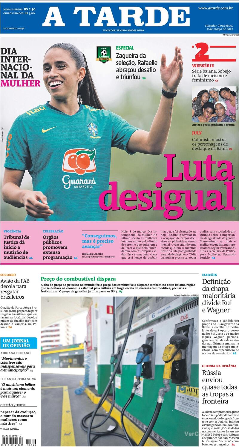 Capa do jornal A Tarde 08/03/2022