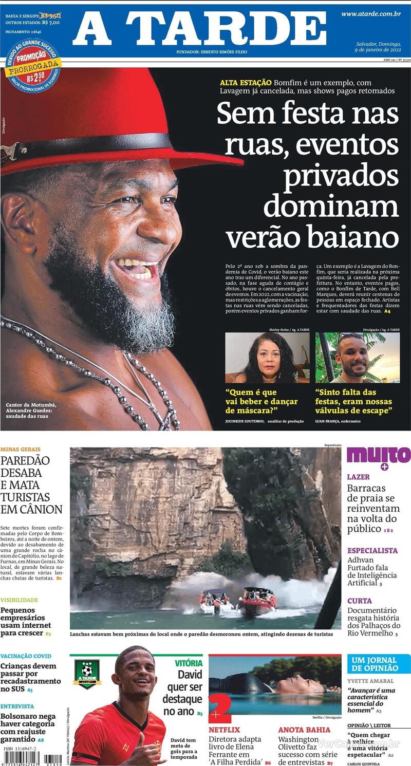 Capa do jornal A Tarde 09/01/2022