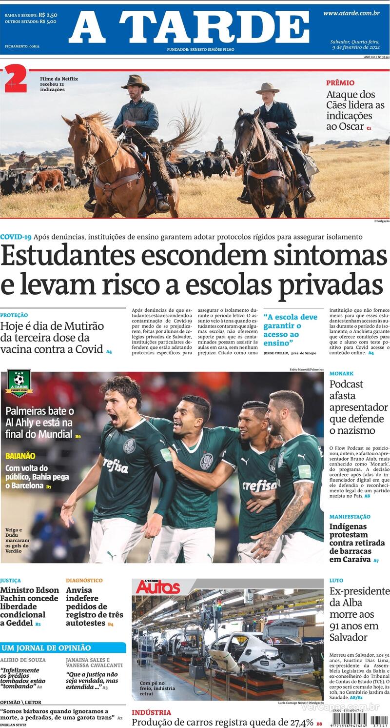 Capa do jornal A Tarde 09/02/2022