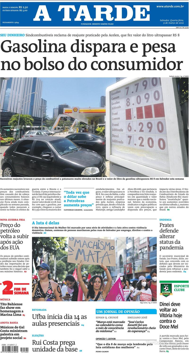 Capa do jornal A Tarde 09/03/2022