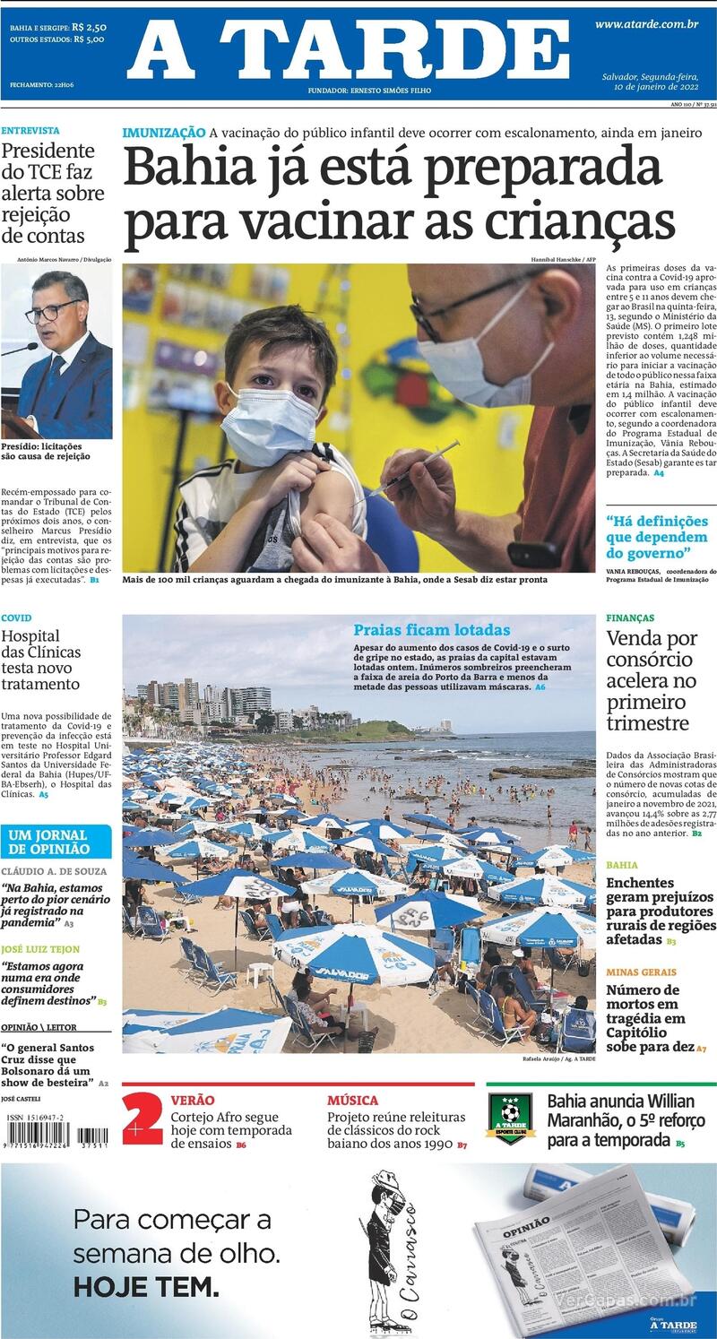 Capa do jornal A Tarde 10/01/2022