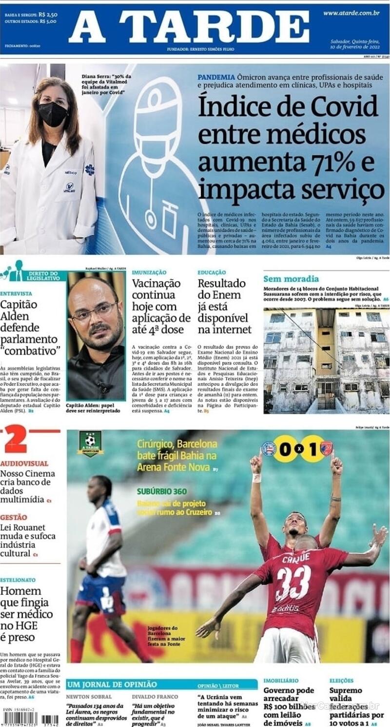 Capa do jornal A Tarde 10/02/2022