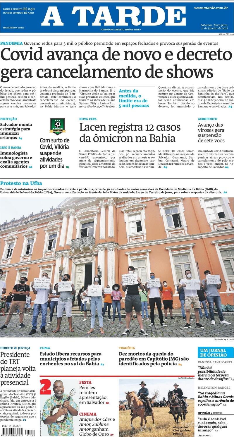 Capa do jornal A Tarde 11/01/2022