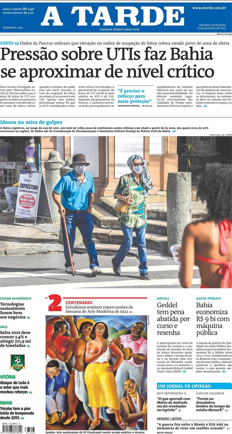 Capa do jornal A Tarde 11/02/2022