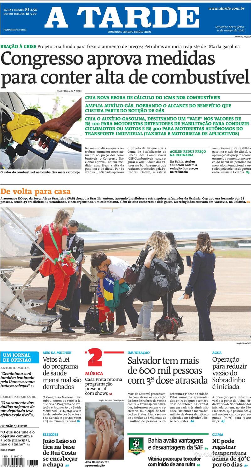 Capa do jornal A Tarde 11/03/2022