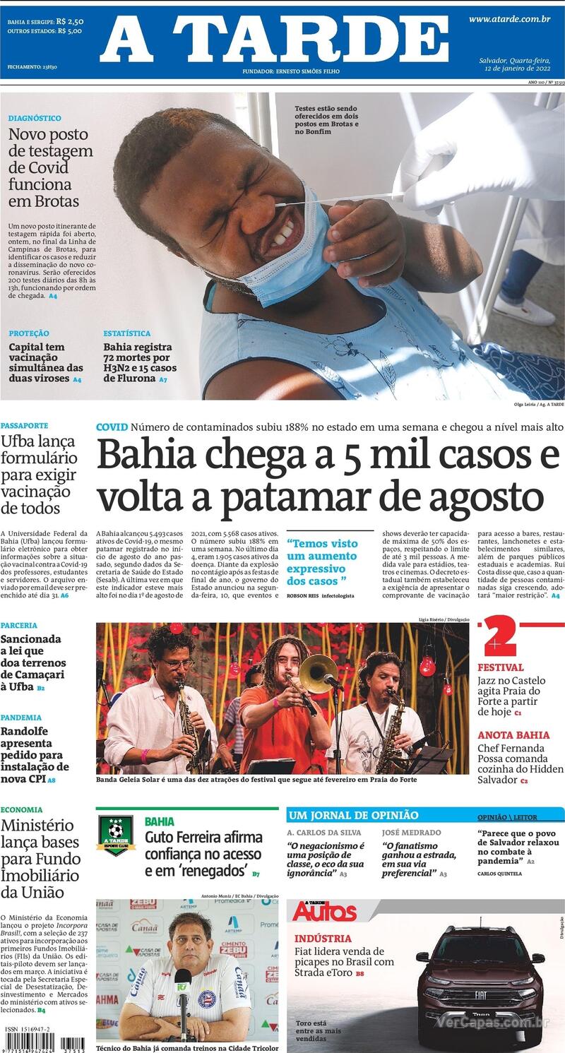 Capa do jornal A Tarde 12/01/2022