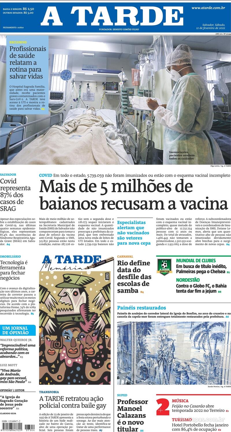 Capa do jornal A Tarde 12/02/2022