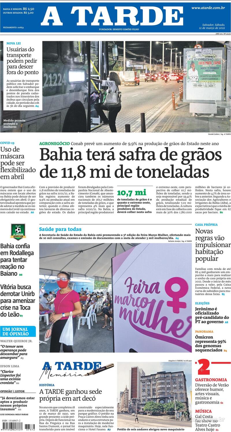 Capa do jornal A Tarde 12/03/2022