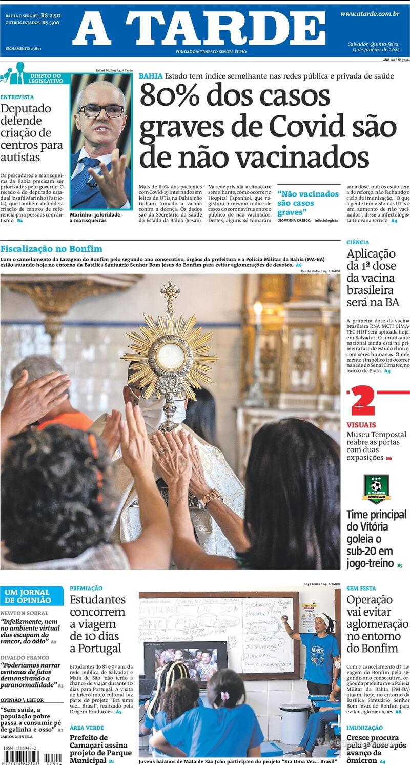 Capa do jornal A Tarde 13/01/2022