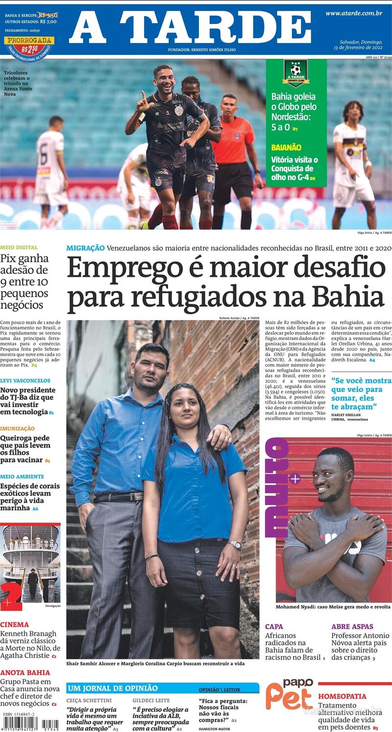 Capa do jornal A Tarde 13/02/2022